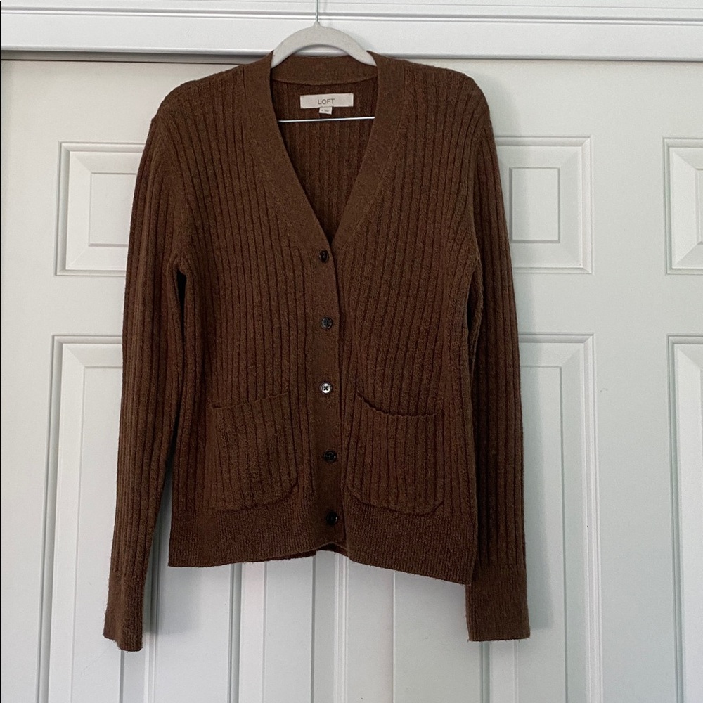 LOFT Chocolate Ribbed Knit Cardigan